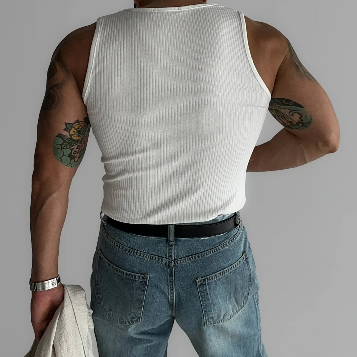 New 2025 Men's Fitness Elastic Slim Fit Vest Summer American Style T-Shirt Ribbed Vertical Stripes Casual Top Male Garment