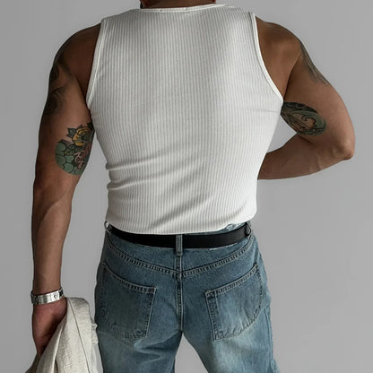 New 2025 Men's Fitness Elastic Slim Fit Vest Summer American Style T-Shirt Ribbed Vertical Stripes Casual Top Male Garment