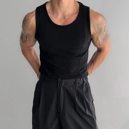 New 2025 Men's Fitness Elastic Slim Fit Vest Summer American Style T-Shirt Ribbed Vertical Stripes Casual Top Male Garment